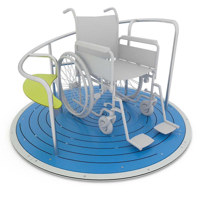Karusell tilpasset rullestol. Vi oppmuntrer til å lage inkluderende lekeplasser og heier på apparater som dette hvor rullestolbrukere og andre barn kan leke sammen.