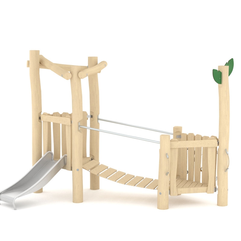 Leketårn med sklie og hengebro. Med lav fallhøyde er dette perfekt for de mindre barna.